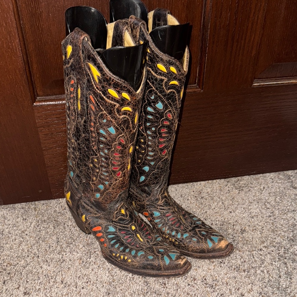 Corral Brown and Yellow Heeled Boots with Intricate Design